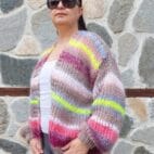 Striped Mohair Cardigan Handknitted Multicolor Chunky and Thick Sweater with Balloon Sleeve