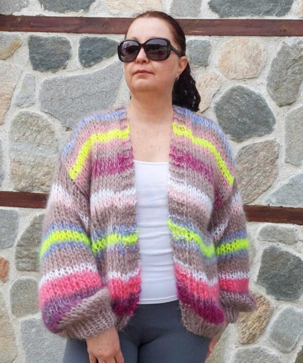 Striped Mohair Cardigan Handknitted Multicolor Chunky and Thick Sweater with Balloon Sleeve