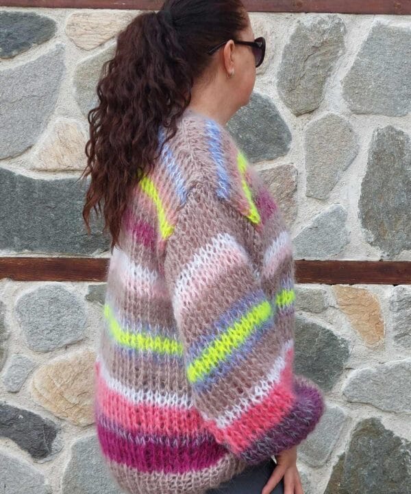 Striped Mohair Cardigan Handknitted Multicolor Chunky and Thick Sweater with Balloon Sleeve