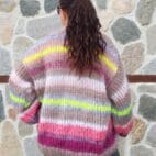 Striped Mohair Cardigan Handknitted Multicolor Chunky and Thick Sweater with Balloon Sleeve
