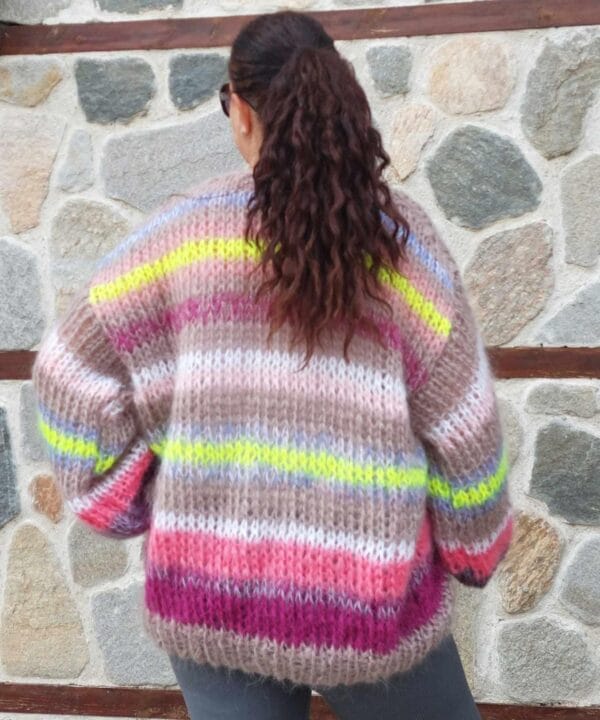 Striped Mohair Cardigan Handknitted Multicolor Chunky and Thick Sweater with Balloon Sleeve