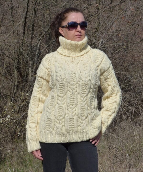 Wool Sweater Men Thick and Chunky Pullover Turtleneck Cable Hand Knit