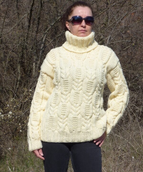 Wool Sweater Men Thick and Chunky Pullover Turtleneck Cable Hand Knit