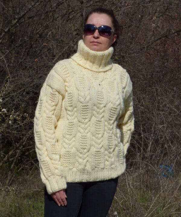 Wool Sweater Men Thick and Chunky Pullover Turtleneck Cable Hand Knit